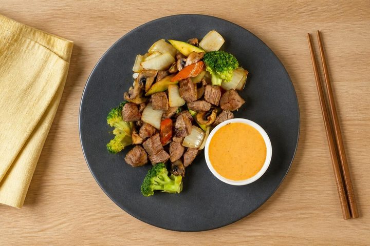 Steak with broccoli and vegetables from the kitchen